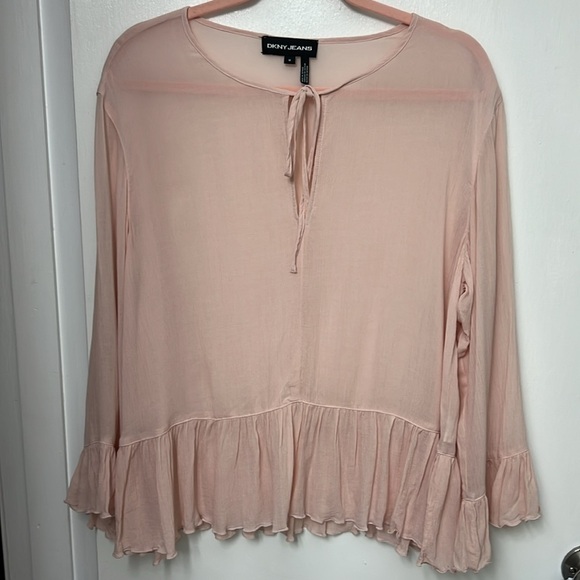 120. DKNY JEANS Peasant blouse, 100% rayon, mauve colored, ruffled wrist & waist - Picture 3 of 11